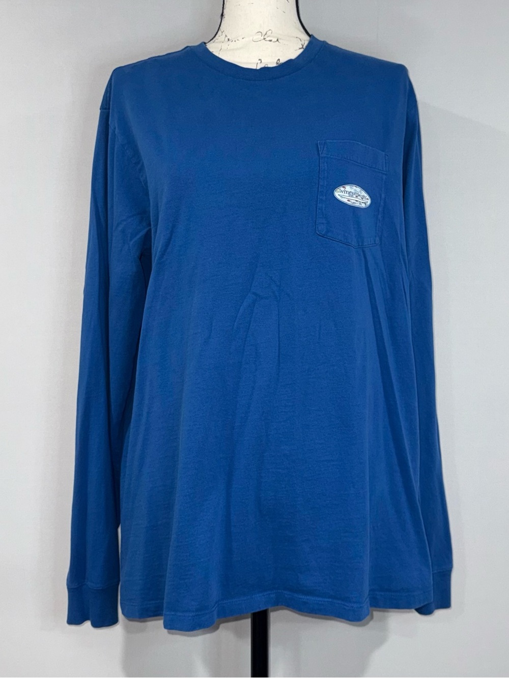 Vineyard Vines Royal Blue Long Sleeve Pocket T-Shirt w/ Fish Print Logo | M